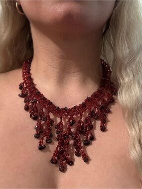 Handcrafted Genuine Granate  Beaded Fringe Necklace & Bracelet set.